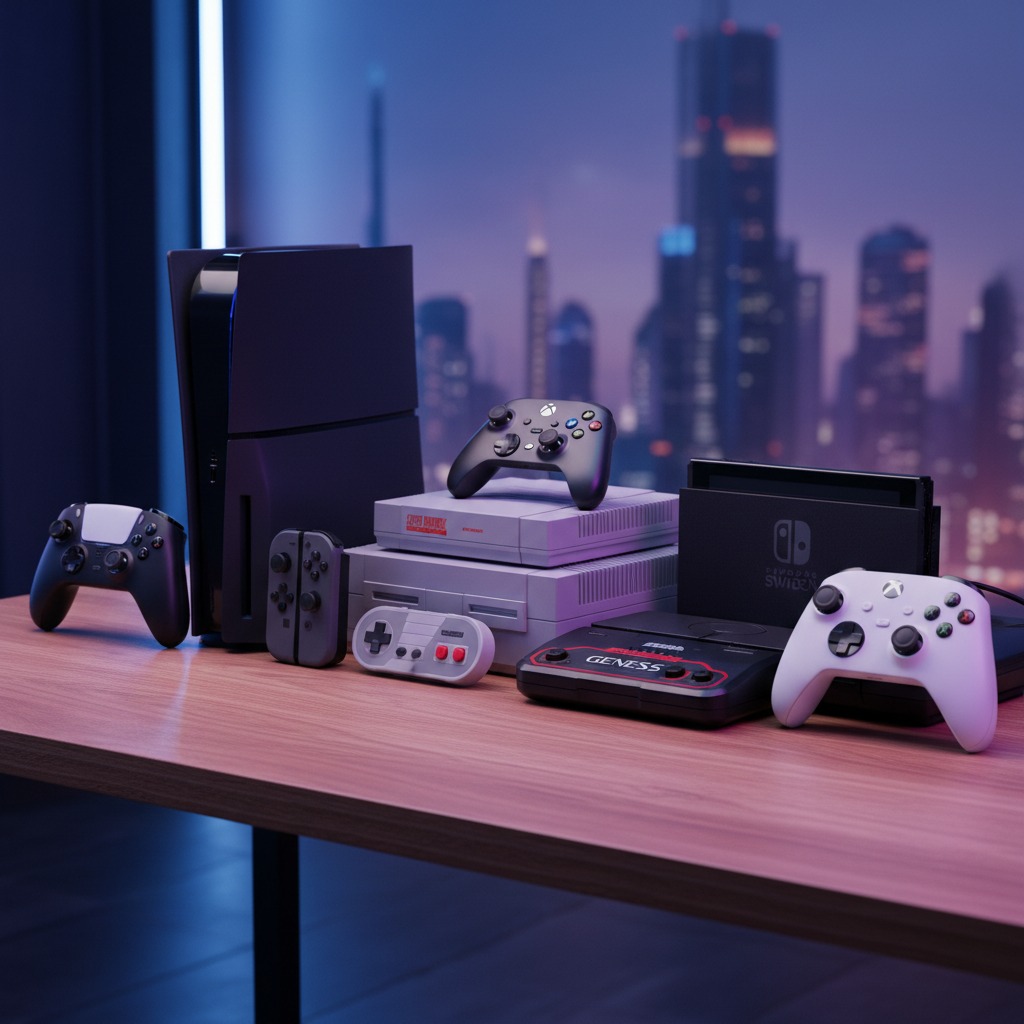 A collection of various video game consoles and controllers sits on a wooden desk in front of a window overlooking a city skyline at dusk.