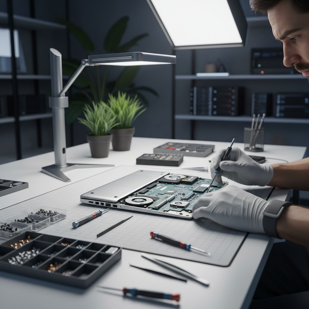 A technician wearing white gloves uses a precision screwdriver to repair the internal components of an open laptop on a desk.